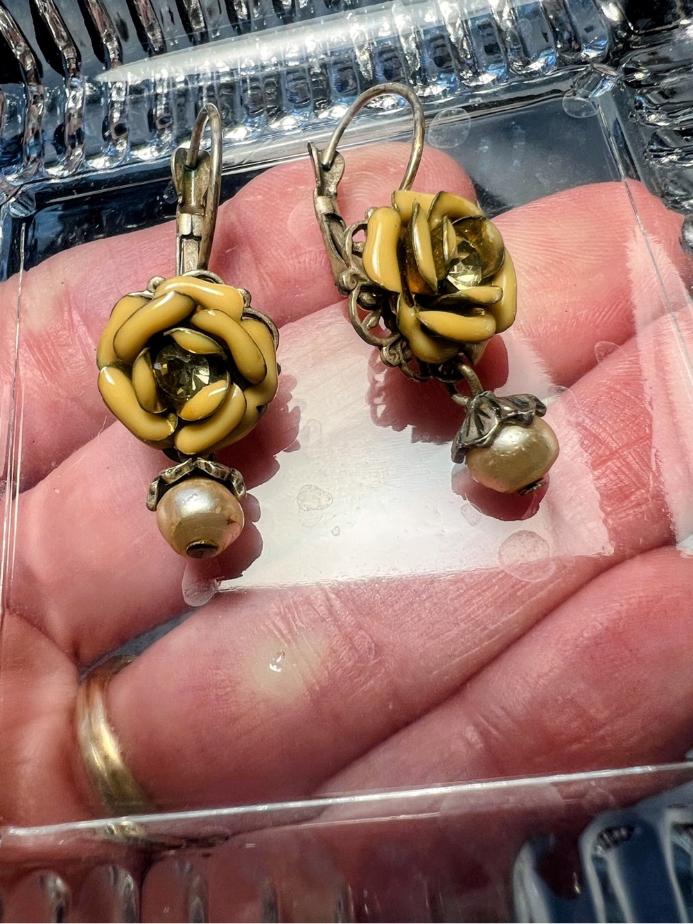 Vintage Mustard Yellow Enamel Rose Earrings Smoky Rhinestone Faux Pearl Dangle